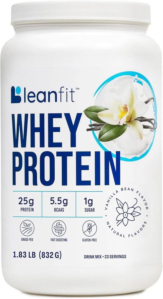 LeanFit Whey Protéine Vanille naturelle – 100% Whey Protéine Poudre, 24g Protéine par portion – Herbe-Feed, sans gluten, faible glucides, BCAAs, acide amino – 23 portions, 1,83 livre Tub