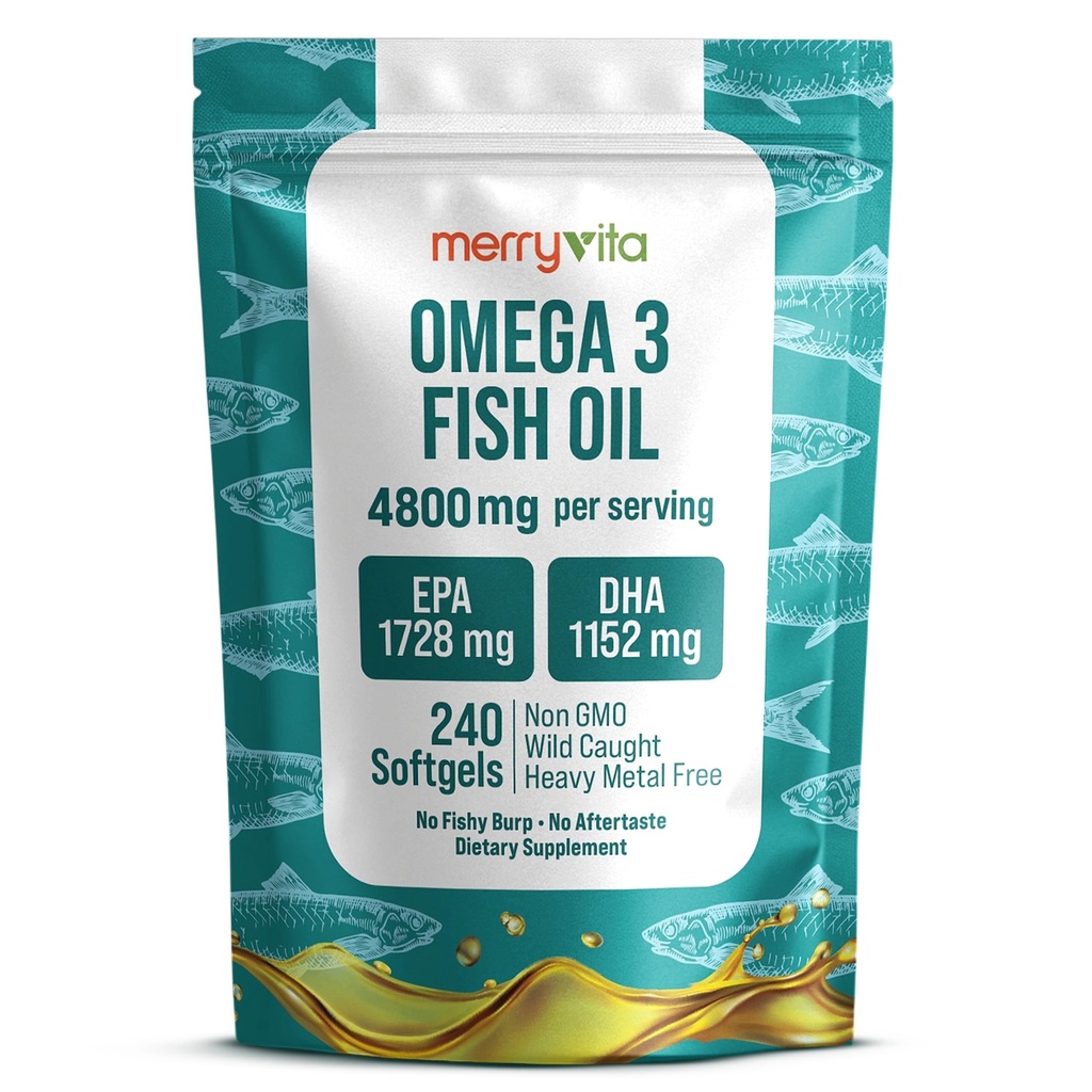 Omega 3 Huile de poisson 4800 mg – EPA 1728 mg , DHA 1152 mg de Wild-Caught Anchovies – Mini Softgels sans Burpless – Supplément acide gras Omega-3 pur – Non-OGM, sans gluten, sans arrière-goût – 240 capsules