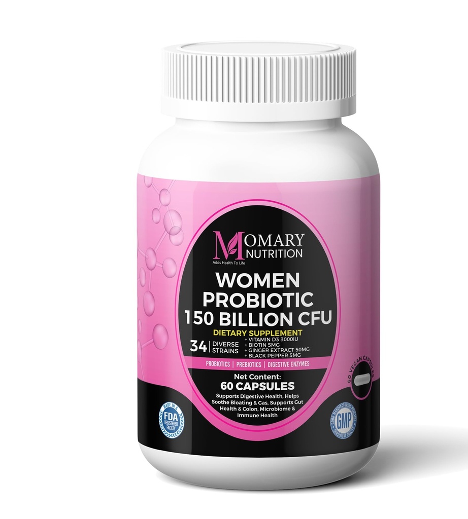 Complexe de cultures biologiques 9-en-1 pour les femmes – 150 milliards de CFU Probiotiques avec 34 souches diverses, prébiotiques organiques, postbiotiques, enzymes digestives et biotine – soutient l'équilibre digestif et le microbiome Gut