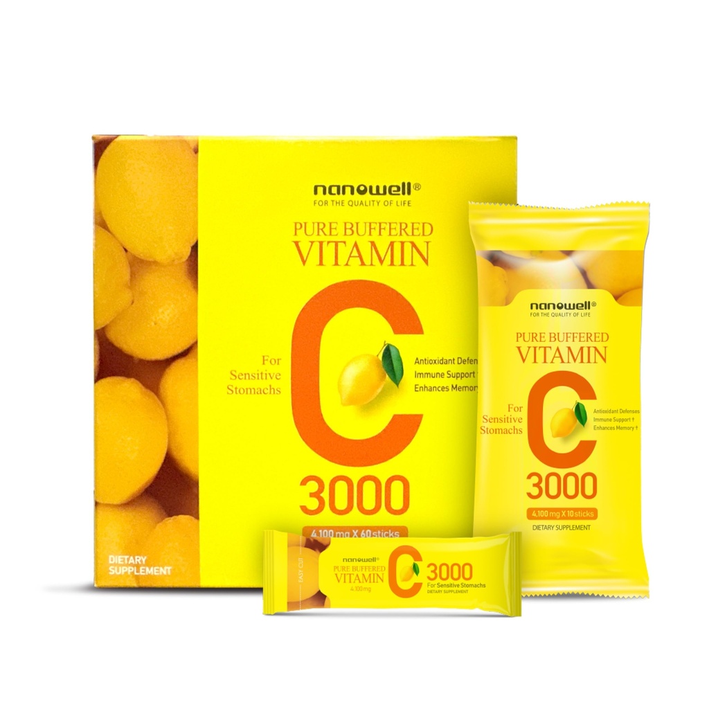 NANOWELL Vitamine pure buvée C 3000 mg par portion, supplément alimentaire pour le soutien immunitaire - 60 bâtons x 1 boîte, 2 mois d'approvisionnement (60 Nombre)