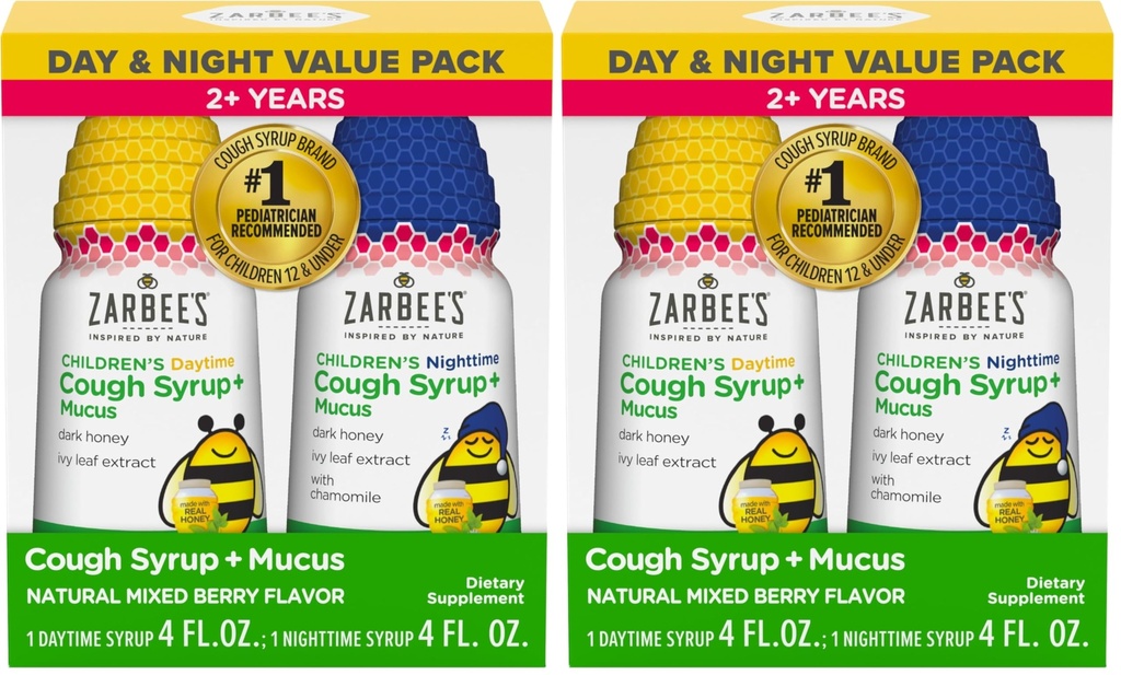 Les enfants de Zarbee Chair Syrup + Mucus Day & Night Value Pack,Daytime & Night Toddler Cough Sirup,Dark Honey,Ivy Leaf Extract,Chamomile,Mixed Berry Flavor,4 Fl Oz,(Paquet de 4)