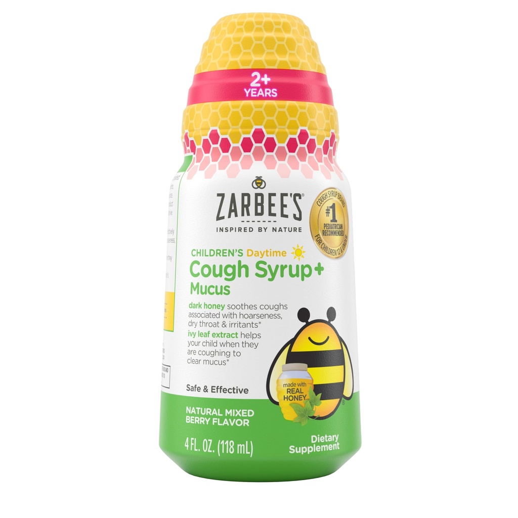 Sirop de Toux au Miel des Enfants de Zarbee + Mucus Jour pour les Enfants 2+ + Miel foncé, Ivy Leaf, Zinc & Elderberry, #1 pédiatre recommandé, sans drogue et sans alcool, mélange de saveur de baie, 4 fl. oz