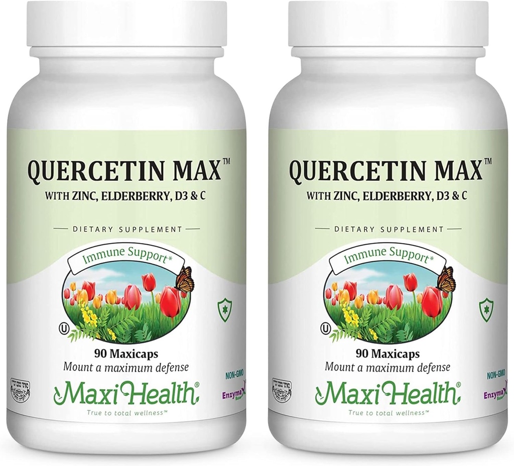 Maxi Health Quercetin 500mg Capsules – Suppléments en zinc pour les femmes et les hommes – Suppléments en quercetine sans OGM, sans casher et sans gluten avec vitamine C et zinc à la mûre aînée (90 capsules de légumes, boîte de 2)