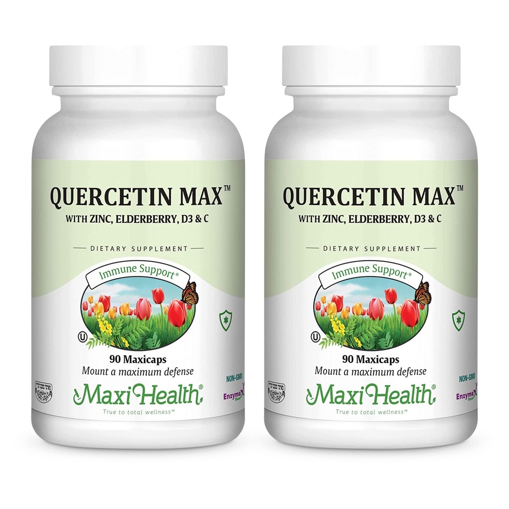 Maxi Health Quercetin 500mg Capsules – Suppléments en zinc pour les femmes et les hommes – Suppléments en quercetine sans OGM, sans casher et sans gluten avec vitamine C et zinc à la mûre aînée (90 capsules de légumes, boîte de 2)