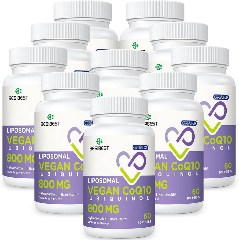 Ubiquinol liposomique CoQ10 800 MG Softgel, supplément d'Ubiquinol à haute absorption CoQ10, Coenzyme active Q10 800mg, puissant antioxydant pour la fonction cardiaque et cérébrale, production d'énergie, 600 softgels végétaliens