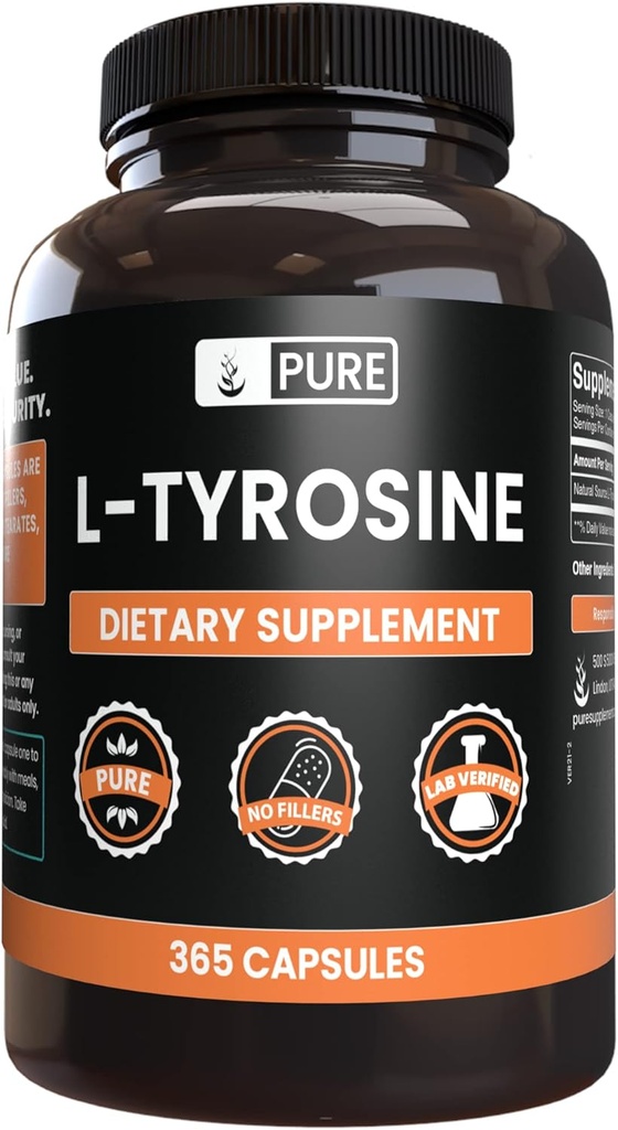 INGRÉDIENTS ORIGINAUX DE PURE L-Tyrosine (365 Capsules) Pas de magnésium ou de poudre de riz, toujours pur, vérifié en laboratoire
