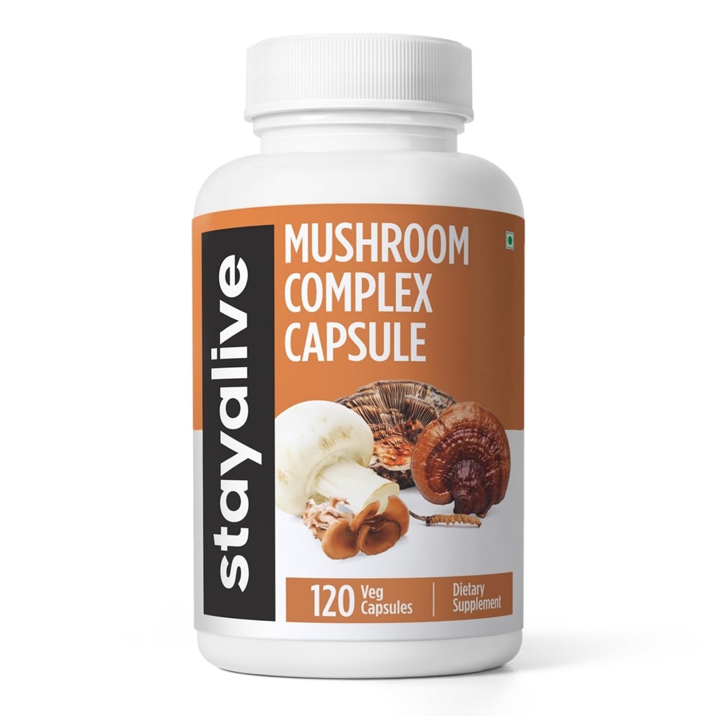 STAY ALIVE Mushroom Complex 1000mg, 6-en-1 Supplément de champignons avec/Lions Mane, Reishi, Chaga, Cordyceps, Maitake et Turquie Tail Extract Poudre, 120 pilules Vegan, capsules à base de plantes sans OGM et sans gluten