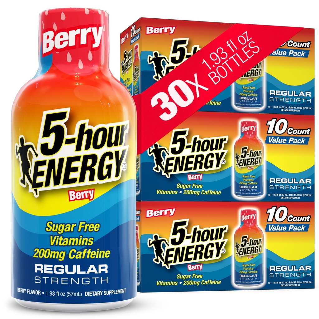Shots d'ÉNERGIE 5 heures Force régulière, Arôme de Berry, 30 Compte, 1,93 Fl Oz, Sans sucre, Calories Zéro, Acides aminés et Vitamines essentielles B, Supplément alimentaire, Alerte de sensation et énergétique, 200 mg de caféine