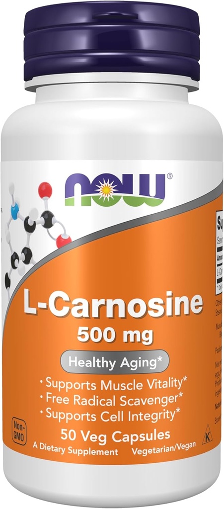 MAINTENANT Aliments suppléments, L-Carnosine (Beta-Alanyl-L-Histidine) 500 mg, Vieillissement en santé, 50 gélules