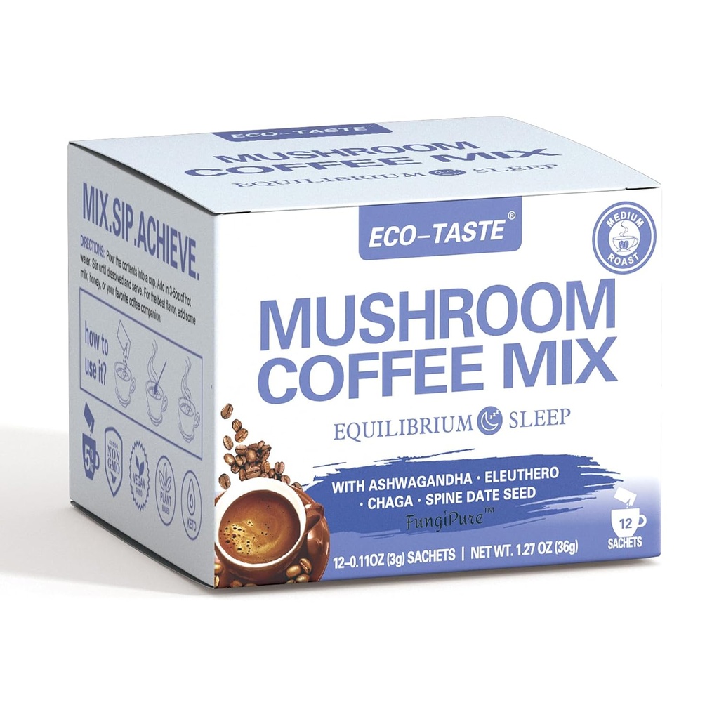 Mélange de café de champignons ECO-TASTE, conçu pour l'équilibre avec Ashwagandha, Eleuthero, Chaga, graine à date de spine – 12 sachets