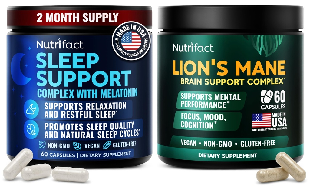 Sleep Supplement with Melatonin & Lions Mane Supplement Capsules - Complete Brain Support and Deep Sleep Complex - with Magnesium Glycinate, Ashwagandha, L Theanine - Vegan, Non-GMO, Made in USA