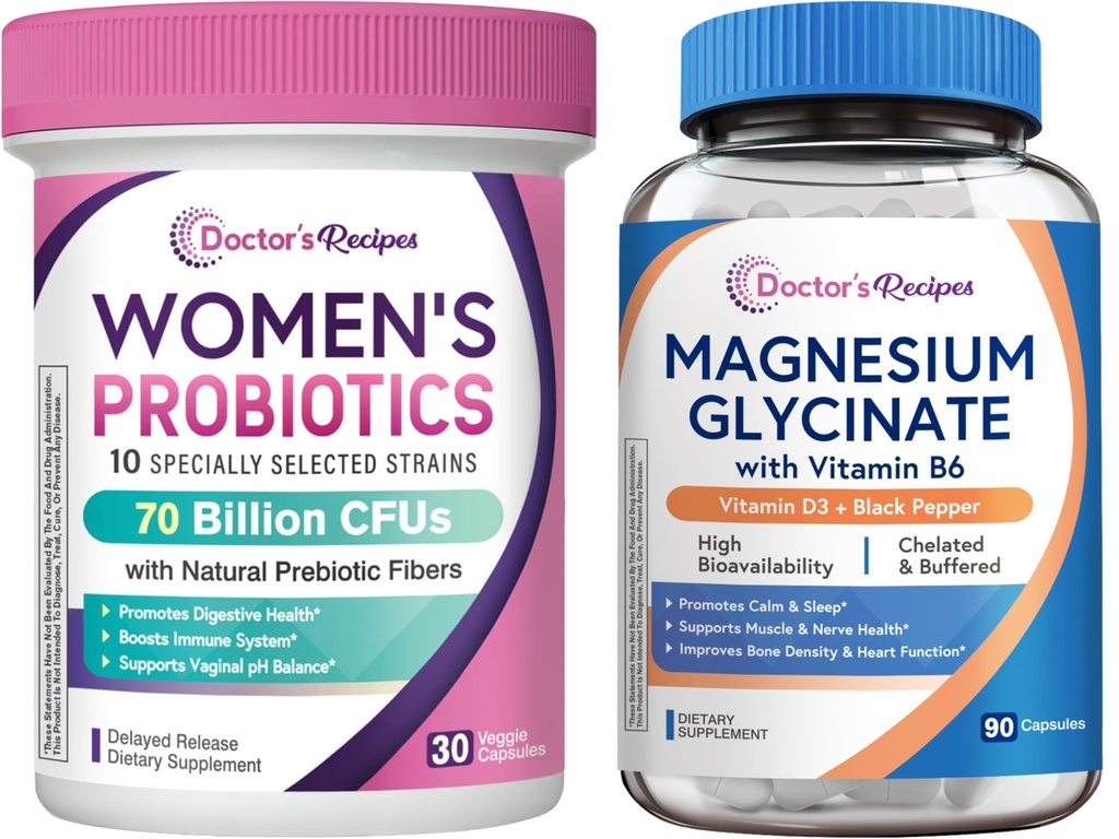 Doctor's Recipes Women's Probiotic 70 Billion CFU 30 Capsules and Magnesium Glycinate 420mg with Vitamin B6 & D3