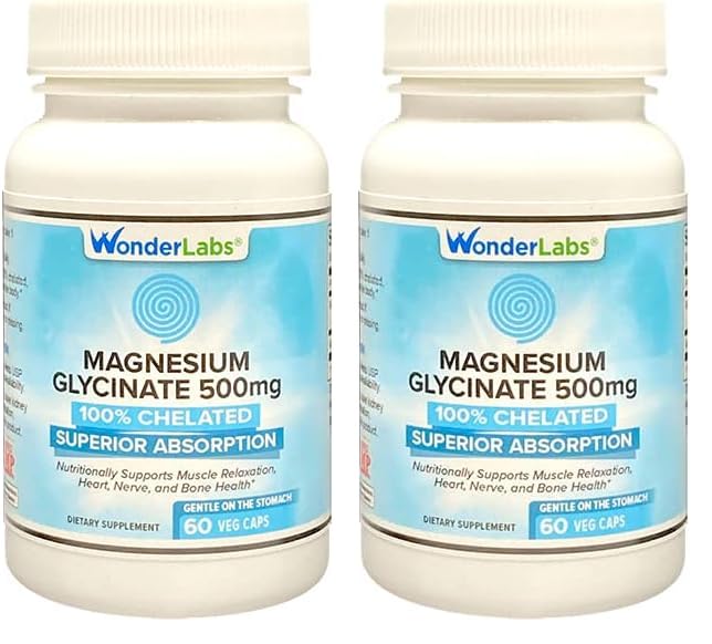Wonder Laboratories Magnesium Glycinate 500mg, 100% Chelated for Superior Absorption, Non-GMO, NO Gluten Dairy & Soy, Supports Muscle, Joint, and Heart Health (60) (Pack of 2)
