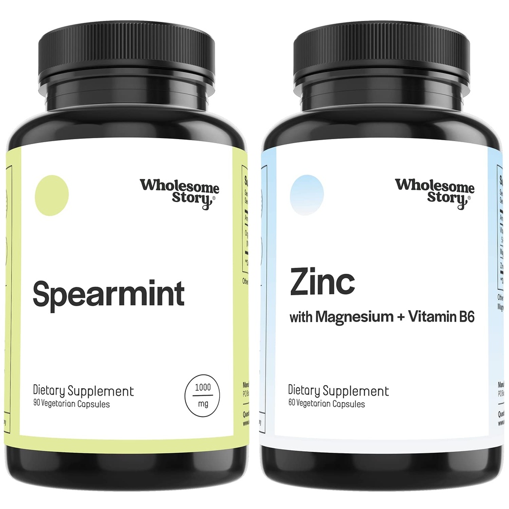 Spearmint + Zinc, Magnesium & VIT B6 | Organic Spearmint Capsules + Zinc Picolinate Magnesium Glycinate & Vitamin B6 Bundle Supplement | Supports Hormones, Fertility & Digestion | 30 & 120 Day Supply