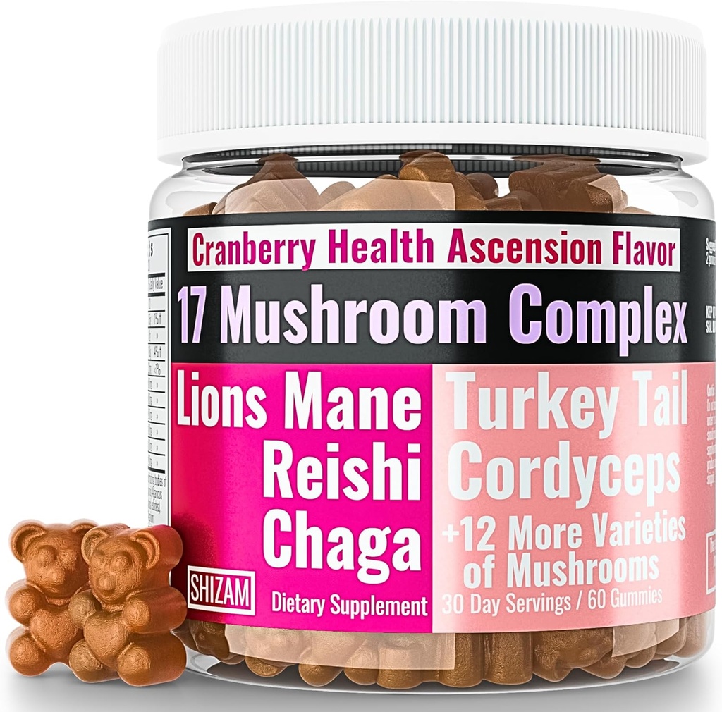 SHIZAM 17 Gommies complexes de champignons pour adultes Chaga Lions Mane Cordyceps Reishi Lion Mane Turkeytail Turkey Tail, meilleur supplément quotidien Alt pour capsules et vitamines en poudre Super-Food Blend 10