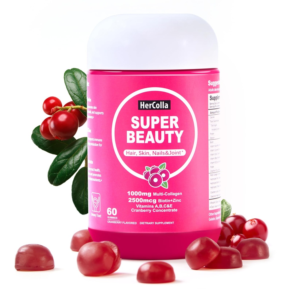 Multi Collagen Gummies Protein Type I II III V X with 2500mcg Biotin - Hair Skin Nails Supplement for Women & Men - Hyaluronic Acid Cranberry Flavored Beauty Gummies (60 Count (Pack of 1))