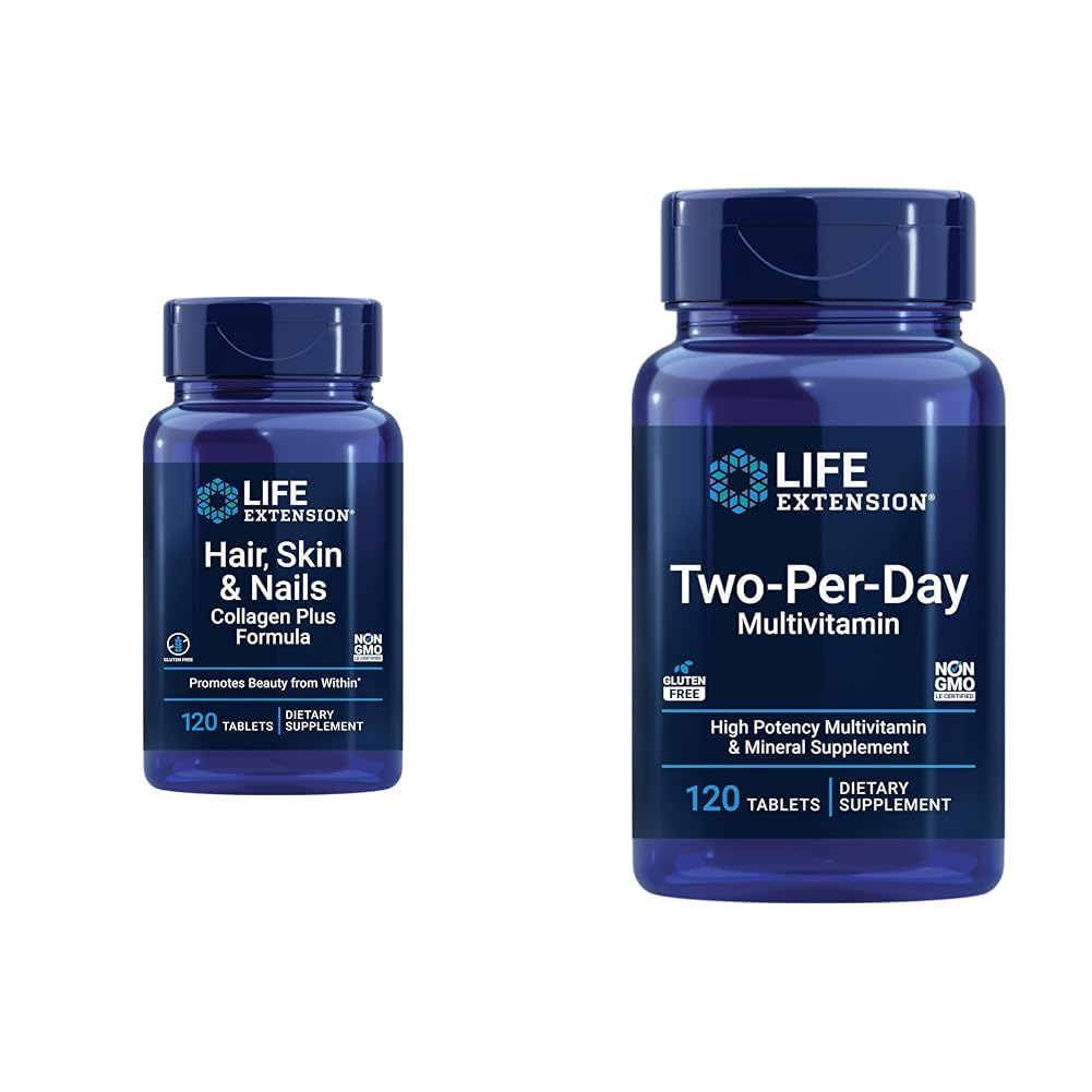 Life Extension Hair, Skin & Nails Collagen Plus Formula with Multi-Vitamin & Mineral Supplement - 120 Count & 120 Tablets