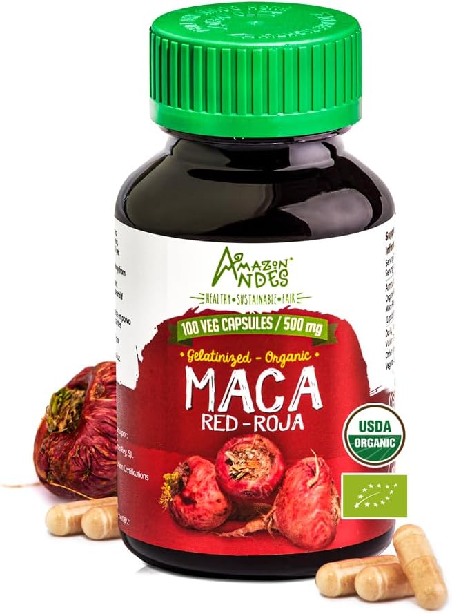   Andes Red maca Root Capsules - Female Health Supplement - Natural Energizer - USDA NOP Certified - Genitalized, Non GMO & Gluten Free - 100 Vegan Pills (1500mg per Serving) - Made in Peru