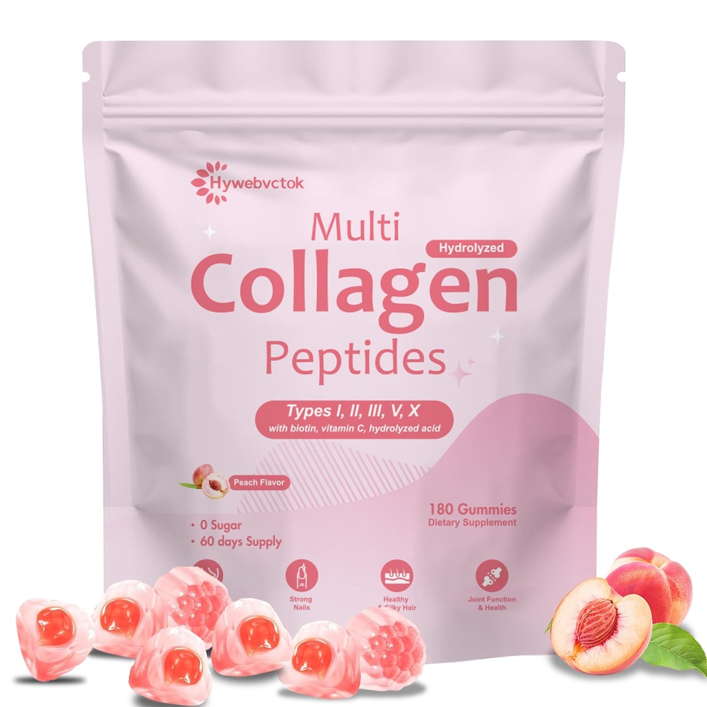 180 Count Marine Collagen Gummies for Women Men Sugar Free, Hydrolyzed Collagen Peptides Type I,II,III,V,X w/ 5000 Mcg Biotin,Hyaluronic Acid, Vitamin C A D E B6 B12 for Skin Hair Nails Bone Health