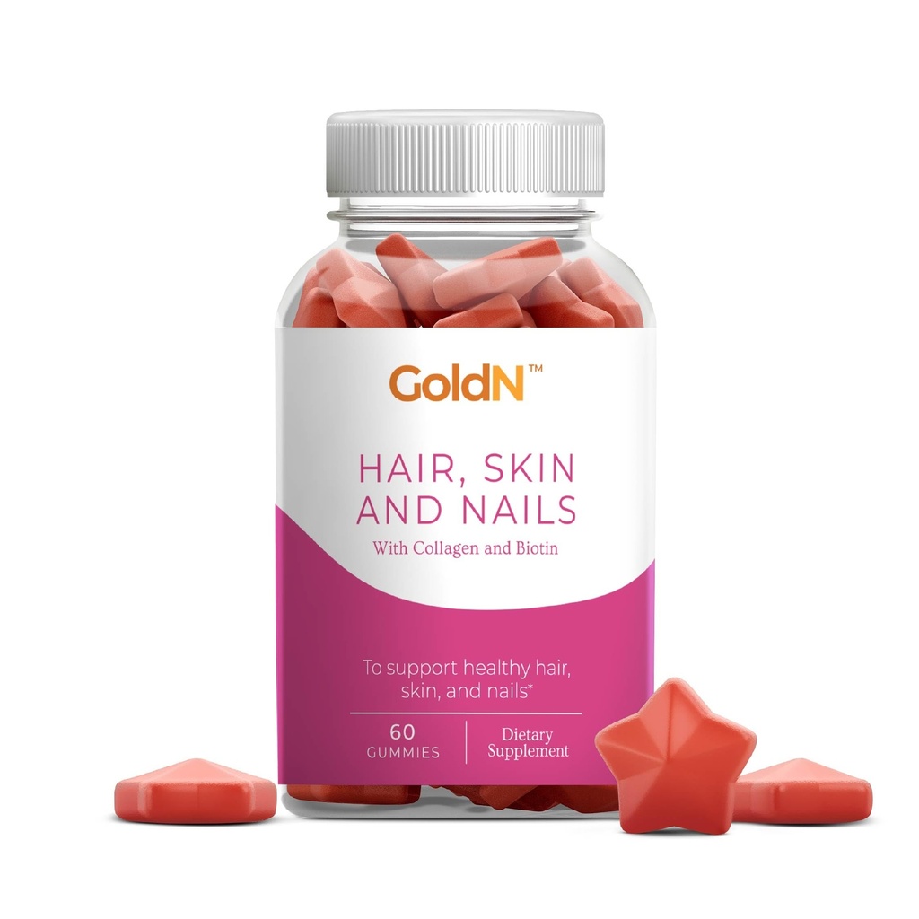 GoldN™ Hair, Skin & Nails Premium Gummies with Collagen | 2,500 mcg Biotin, Fish Collagen, Vitamins A, C, D, E & Zinc | Non-GMO, Allergen-Free | Raspberry Flavor | 60 Gummies (30-Day Supply)