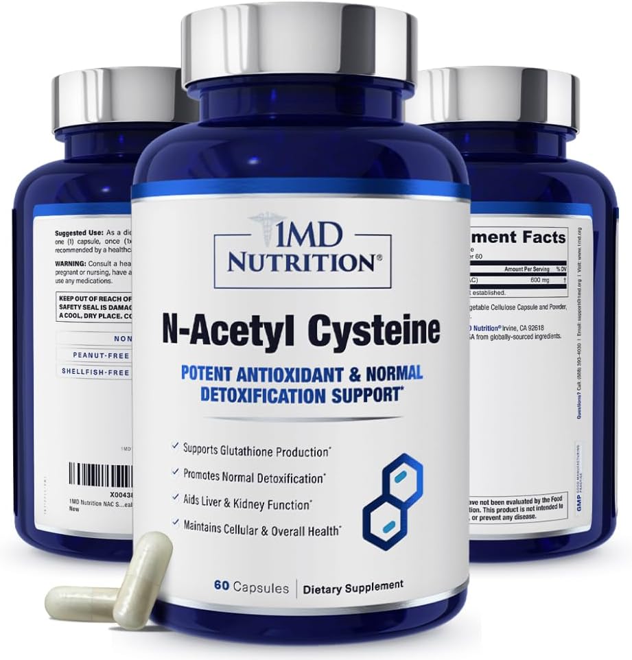 1MD Nutrition Supplément NAC N-acétyl Cystéine - NAC 600 mg - Antioxydant soutient la production de détox et de glutathion - N Supplément respiratoire acétylcystéine pour la santé pulmonaire - 60 capsules