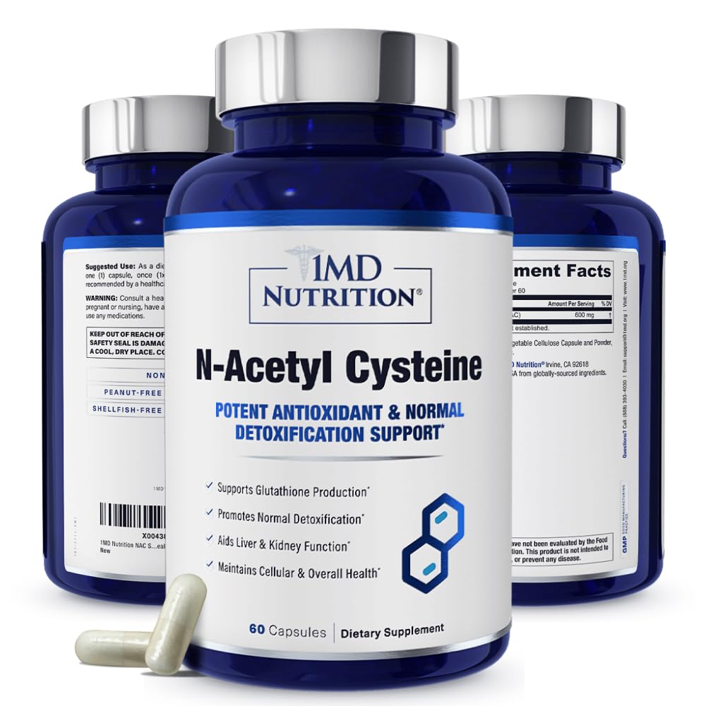 1MD Nutrition Supplément NAC N-acétyl Cystéine - NAC 600 mg - Antioxydant soutient la production de détox et de glutathion - N Supplément respiratoire acétylcystéine pour la santé pulmonaire - 60 capsules