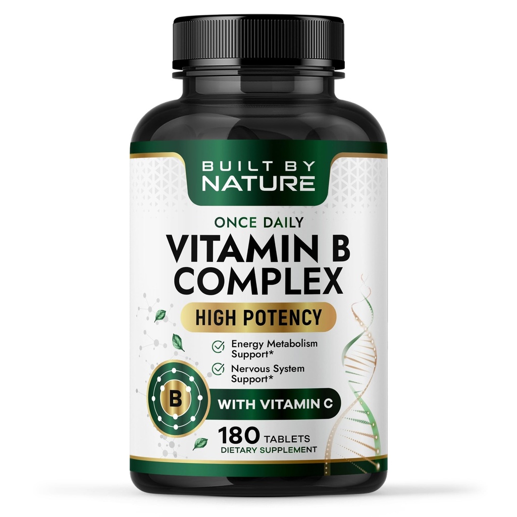 Construit par la nature Complexe Vitamine B – Vitamines complexes Super B pour les femmes et les hommes – Soutien énergétique, stress et immunitaire – Complexe Vitamines High Potency B avec B12 – 180 comprimés