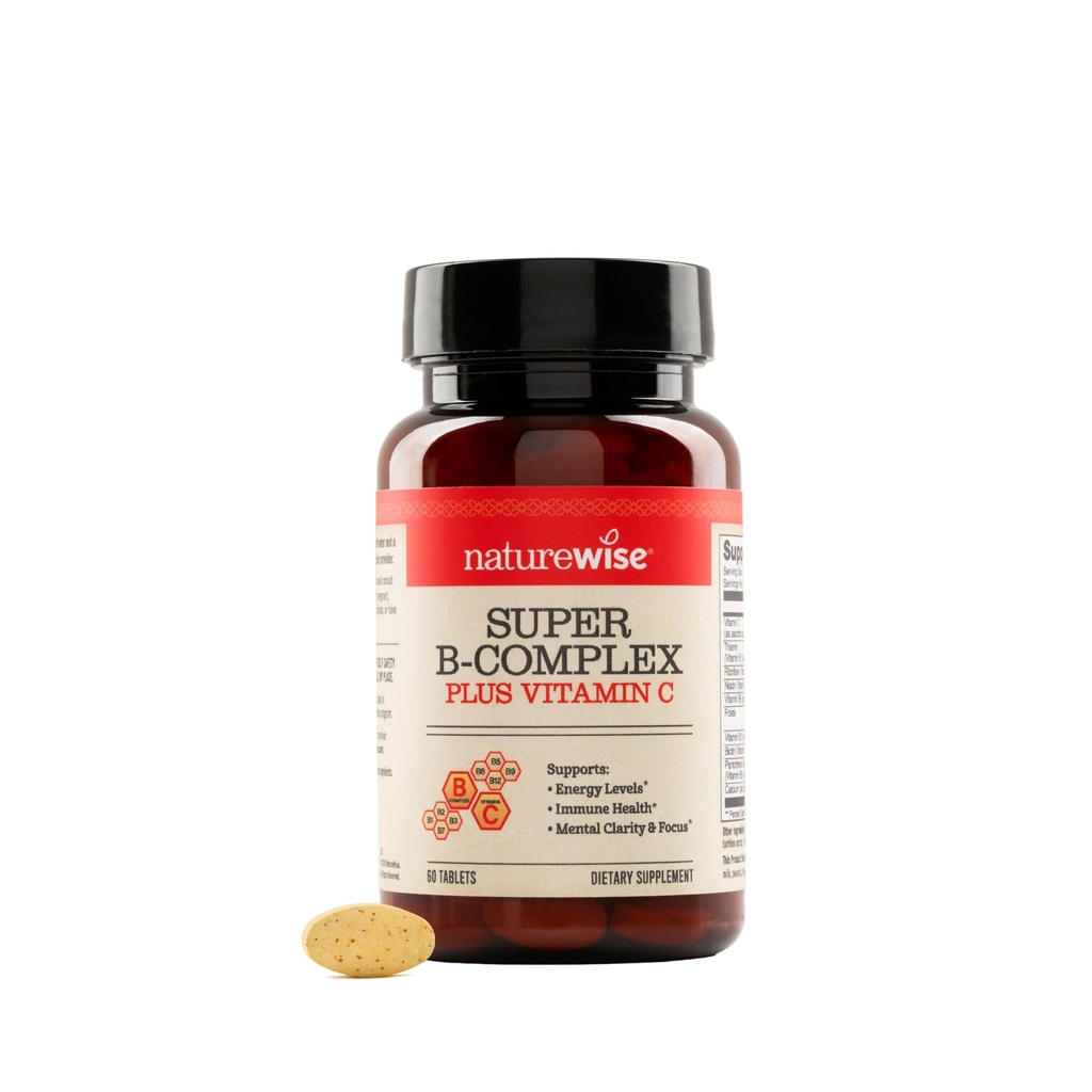 Complexe NatureWise Super Vitamine B pour les femmes et les hommes - avec vitamine C, acide folique Biotine B1 B2 B3 B6 B12 - Soutien énergie cellulaire et clarté mentale - végétalien, sans gluten et sans lait, sans OGM - 60 comprimés