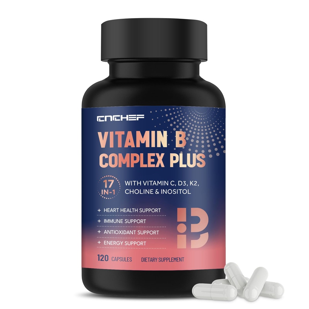 17-en-1 Complexe Vitamine B Plus – Vitamine B1, B2, B3, B4, B5, B6, B7 (Biotine), B8 (Inositol), B9, B12, C, D3, K2, Énergie, Immune, Peau, Nerve Soutien pour les hommes et les femmes - 120 Capsules