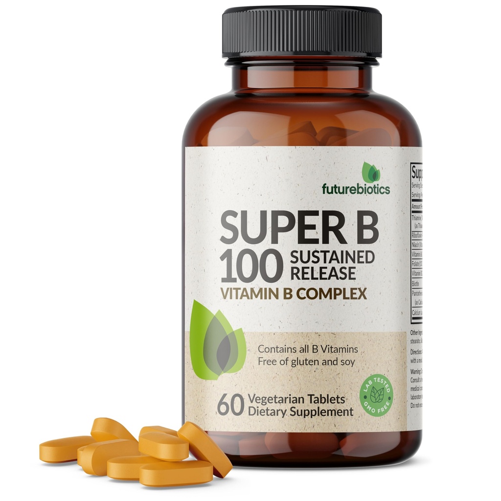 Futurebiotiques Super B 100 à libération prolongée Complexe vitamine B non OGM, 60 comprimés végétariens