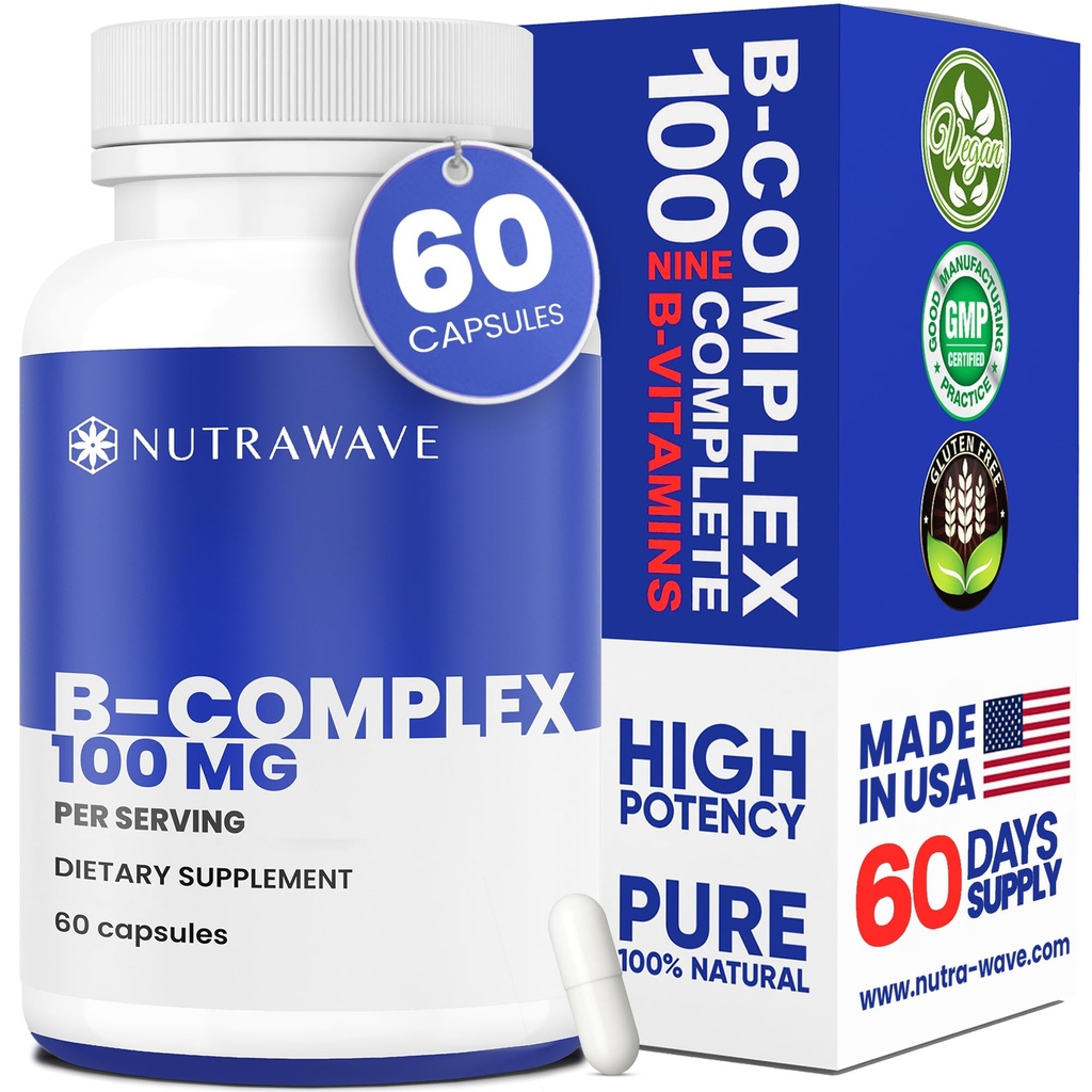 Complexe vitaminique B de Nutrawave – Supplément Vitamines Super B-100 pour les femmes et les hommes avec B1, B2, B3, B5, B6, B7, B9, B12, Choline et Inositol – Supporte l'énergie et le système nerveux – non-OGM, végétalien – 60 capsules