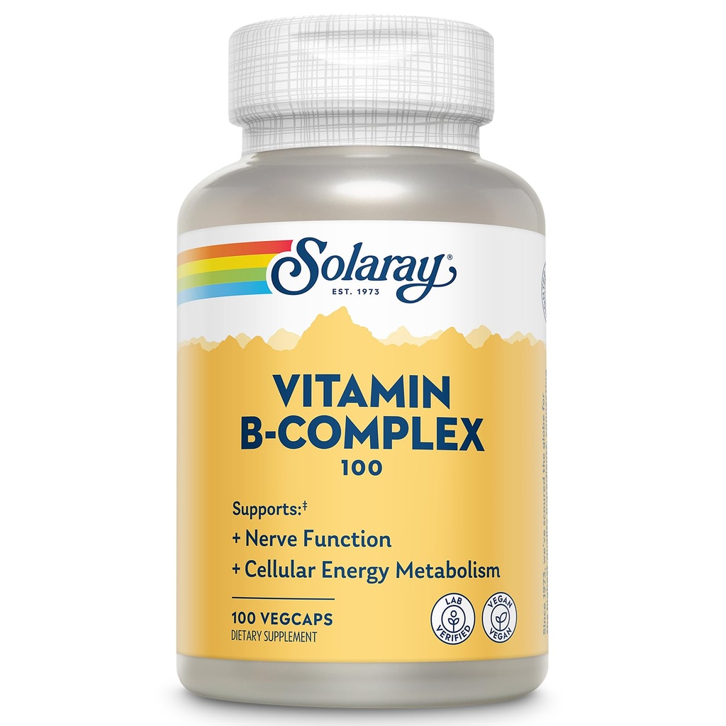 SOLARAY Complexe Vitamine B 100mg - Énergie cellulaire, Nerve et soutien de la santé cardiaque - Fournitures Tous les 8 B Vitamines complexes - Vitamine B12, B1, B2, B3, B6, Niacine, acide folique et biotine - Vegan, 100 portions