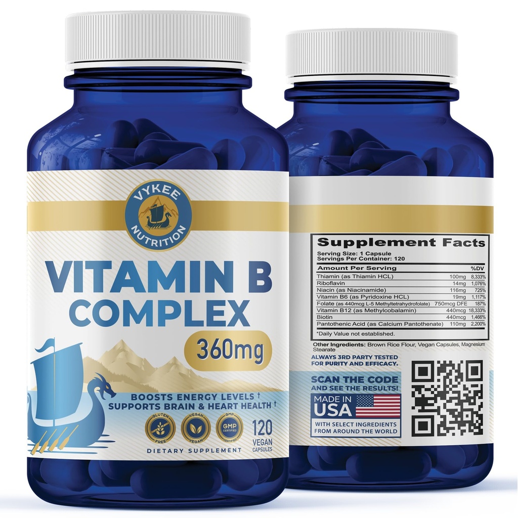 Supplément complexe de Vykee Nutrition B – Vitamines B à haute puissance avec un folate DFE de 750mg, 440mcg B12/Biotin.