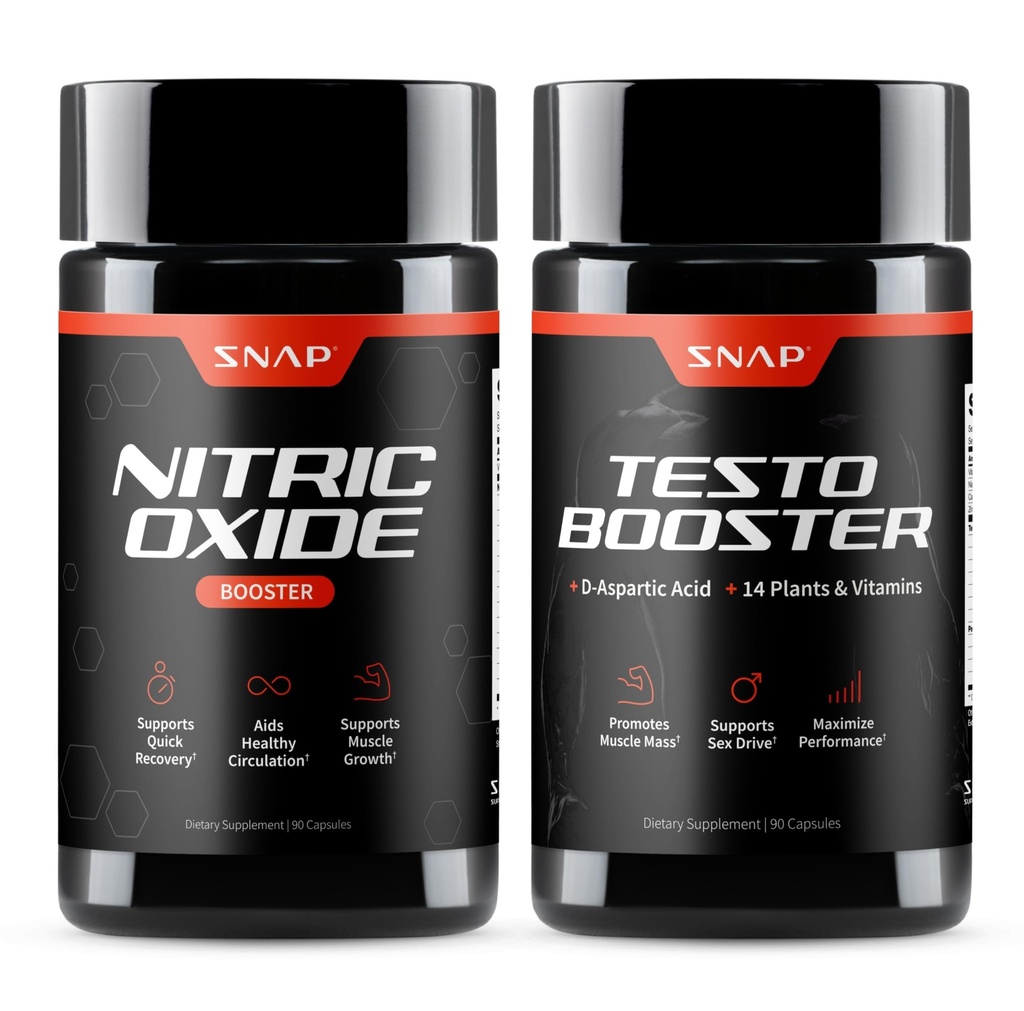 Snap Supplements Nitric Oxide Booster + Testo Booster Supplement Bundle for Men, 90 Vegetarian Capsules Each