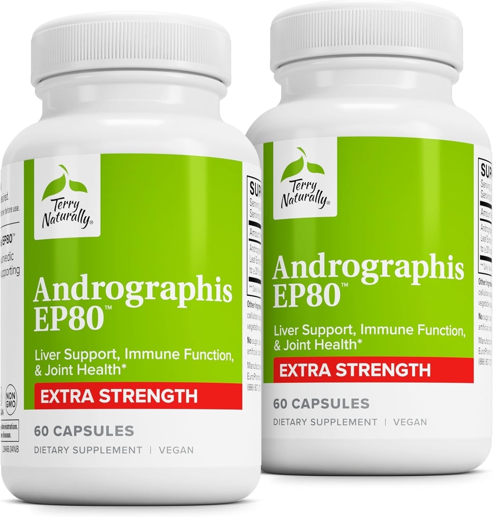 Terry naturellement Andrographis EP80 Extra Strength - Brain Health & Immune Support - Joint Health Support to Aid Mobility - Supplément adaptogène pour l'énergie et le foie - 60 Capsules (Pack of 2)