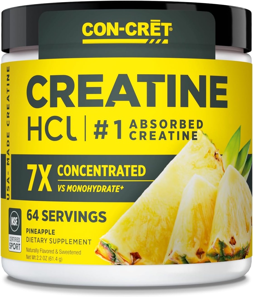 CON-CRET Creatine HCl Powder , Muscle, Cognitif, Cellular Energy Support , Pas de ballonnement ou de crampes , USA Made & NSF Certifié Ananas (64 Servir)