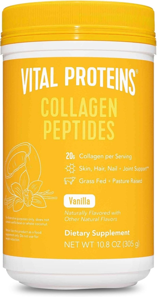 Protéines vitales Supplément en poudre de peptides pour cheveux collagènes hydrolysés avec haricots de vanille, noix de coco, acide hyaluronique et probiotiques, sans produits laitiers, 10,8 Oz