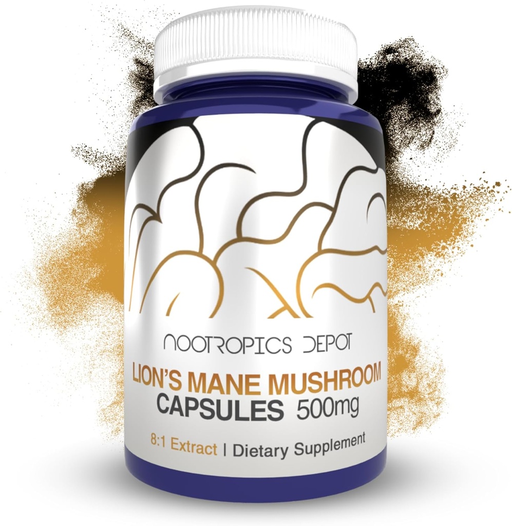 Nootropics Dépôt Lions Mane Mushroom Capsules de 8:1 Corps entier de fruits Extrait double de 500mg de 180 Nombre de Héricium érinaceus