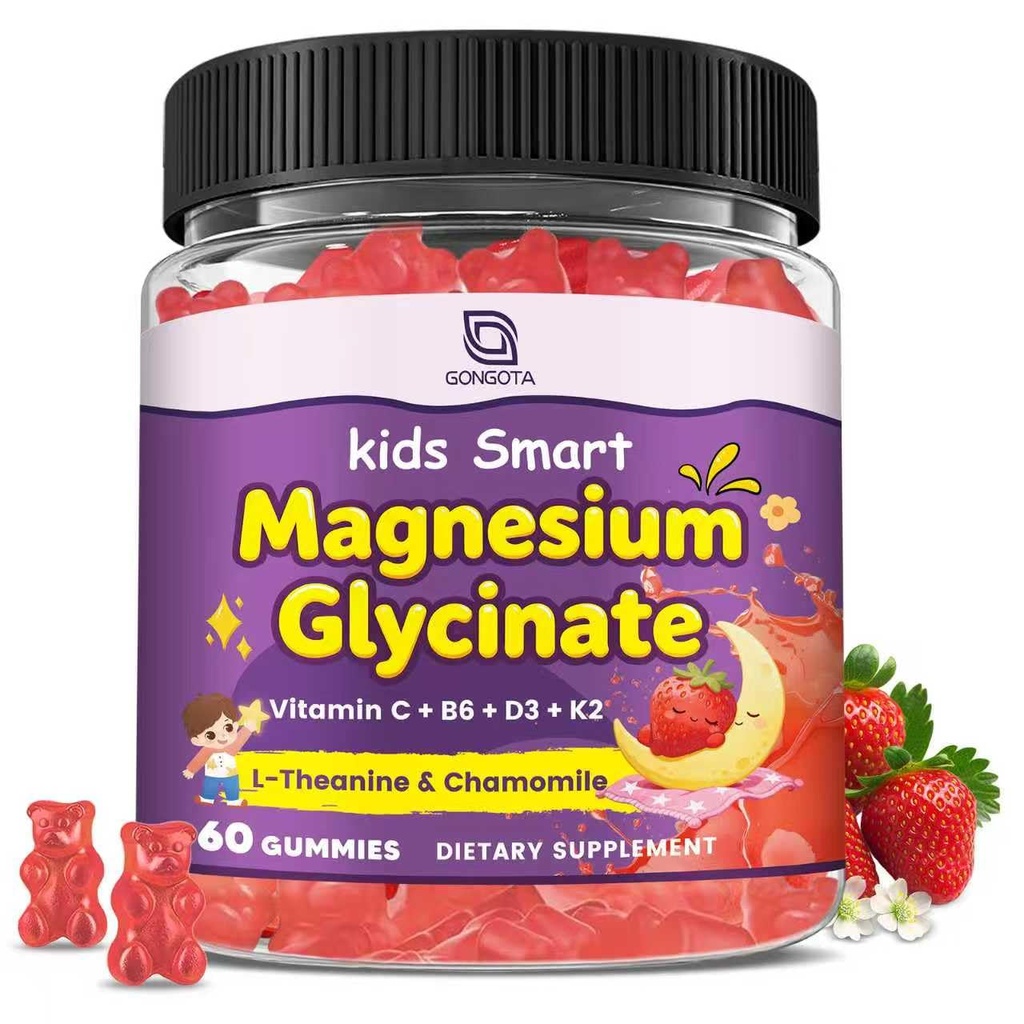 Glycinat de magnésium pour les enfants et les adultes - 400/200mg Supplément de magnésium avec L-Theanine, Camomille, D3 et K2, Gummies de sommeil pour enfants Melatonine Gratuit, pour Zzz & Relax, Cognition - sans sucre, 60 Ct