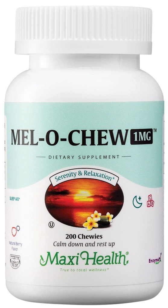 Maxi Health Melatonin 1mg Chewable - Aide au sommeil Melatonin pour encourager le sommeil naturel – Supplément de formation non-habitant avec Enzymax pour le support à action rapide Kosher (200 unités)