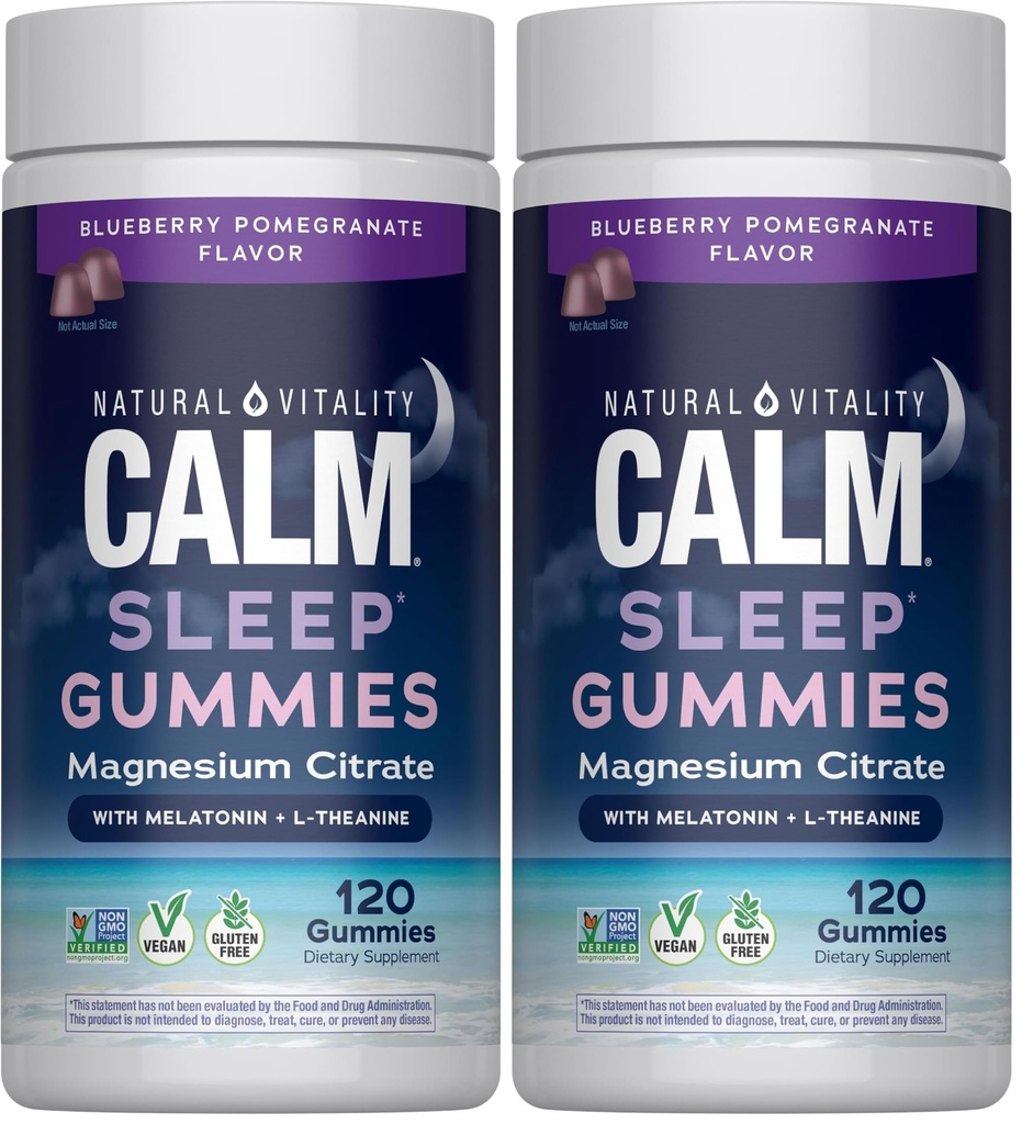 Natural Vitality Sleep Gummies, Magnesium Supplement with Melatonin and L-Theanine, Vegan, Gluten Free, Helps the Body Ease Into Sleep, Blueberry Pomegranate, 120 Count (Pack of 2)
