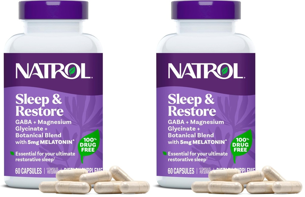 Natrol Sleep & Restore Capsules - Calm Magnesium Glycinate,Magnesium Sleep Aid with GABA,Melatonin 5mg,Botanical Blend,30 Day Supply,(Pack of 2)