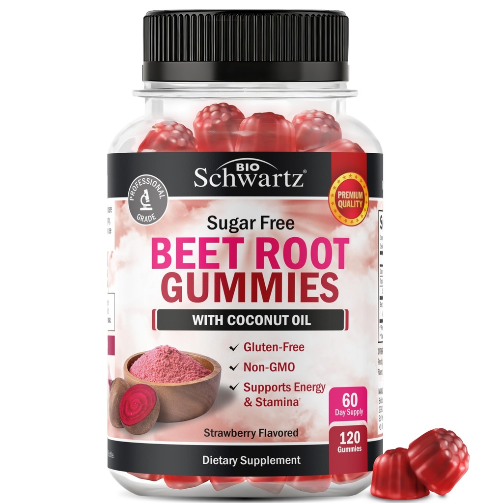 Gommies de racines de betteraves sans sucre - Gommies à oxyde nitrique infusées avec de l'huile de coco pour une absorption maximale - Soutient l'énergie et la santé du corps entier - Délicieux goût de fraise - 120 Compte (60 jours d'approvisionnement)