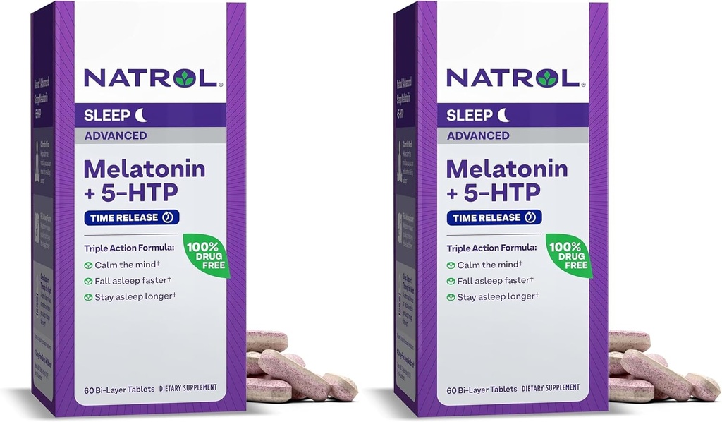 Natrol Advanced Sleep Melatonin + 5HTP, Dietary Supplement for Restful Sleep, 60 Time-Release Tablets, 60 Day Supply- Pack of 2
