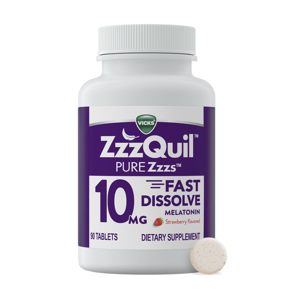 ZzzQuil Pure Zzzs Fast Dissolve Melatonin, Melatonin 10mg, Sleep Aid Supplement, Sleep Aids for Adults, Strawberry Flavored, 90 Fast Dissolve Melatonin Tablets