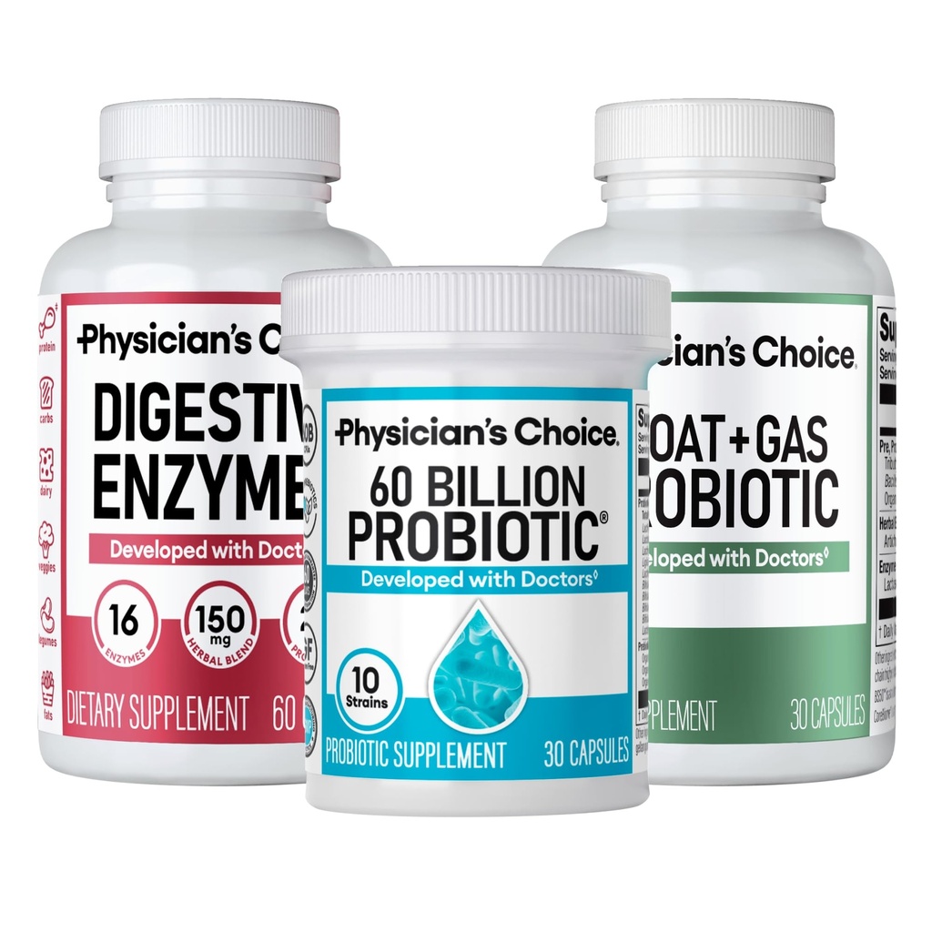 CHOICE Gut Guardian Bundle du médecin : soutien avancé pour le bloom et la digestion avec 60 milliards de probiotiques, enzymes digestives et bloat + probiotique de gaz - soutien sanitaire quotidien pour les femmes et les hommes