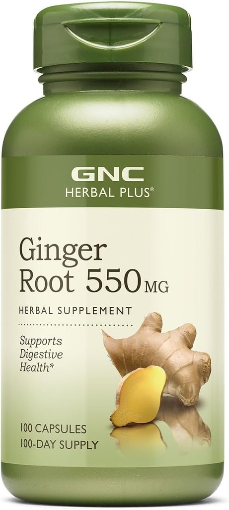 GNC Herbal Plus Ginger Root 550mg Supplément, soutient la santé digestive, 100 portions