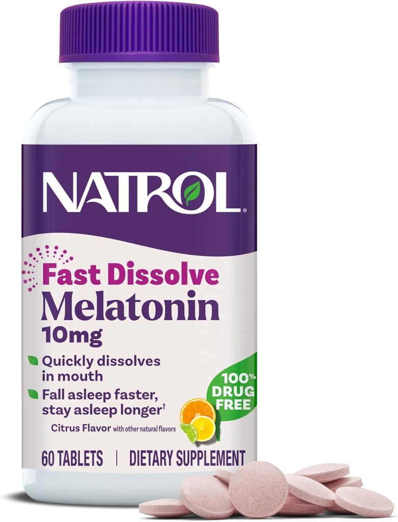 Natrol rapide Dissolve Mélatonine 10 mg, suppléments de mélatonine pour le sommeil reposant, soutien du sommeil pour les adultes, 60 comprimés aromatisés aux agrumes, jusqu'à un approvisionnement de 60 jours