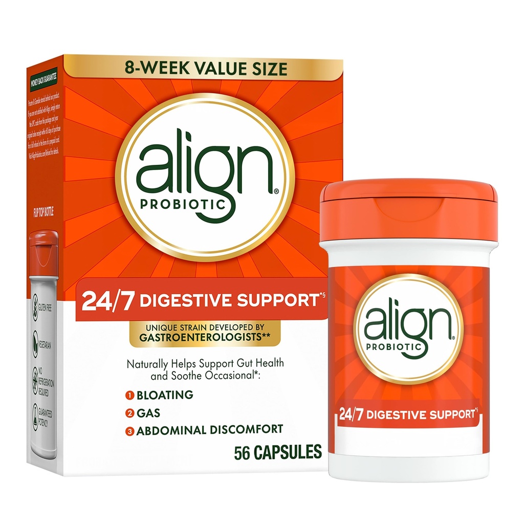 Aligner le probiotique, 24/7 Soutien digestif*§, Probiotiques pour les femmes et les hommes, Probiotiques pour la santé digestive, les hommes et les femmes Capsules probiotiques aident à soulager le gonflement occasionnel et le gaz*, 56 Capsules