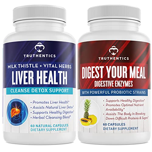 TRUTHENTICS Ensemble d'enzymes digestives et de santé du foie - Soutien pour la désintoxication, la digestion, l'absorption des nutriments, le gaz occasionnel et le ballonnement - sans gluten, sans OGM